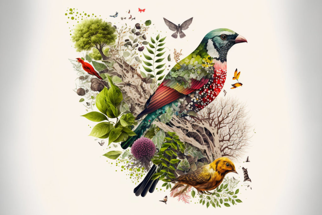 a colorful bird sitting on top of a tree, biodiversity illustration