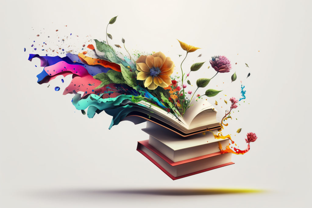 Open book with fantastic levitation glowing colorful flowers splash on white background, beautiful, World book day, knowledge and creativity concept, spring, summer mood.