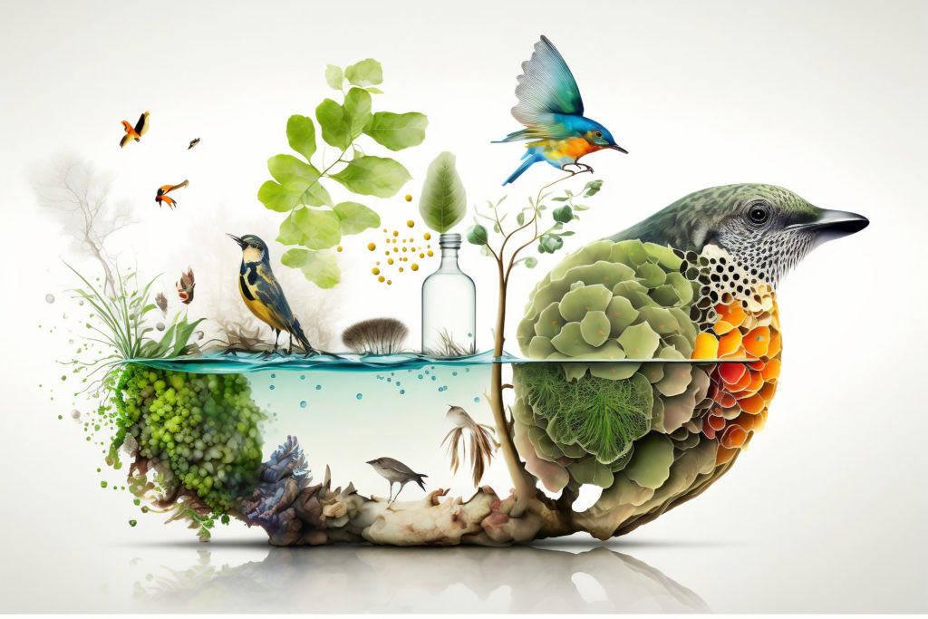 creative collage of biodiversity in the form of an animal, ecosystem and protection of nature and aquatic environment.