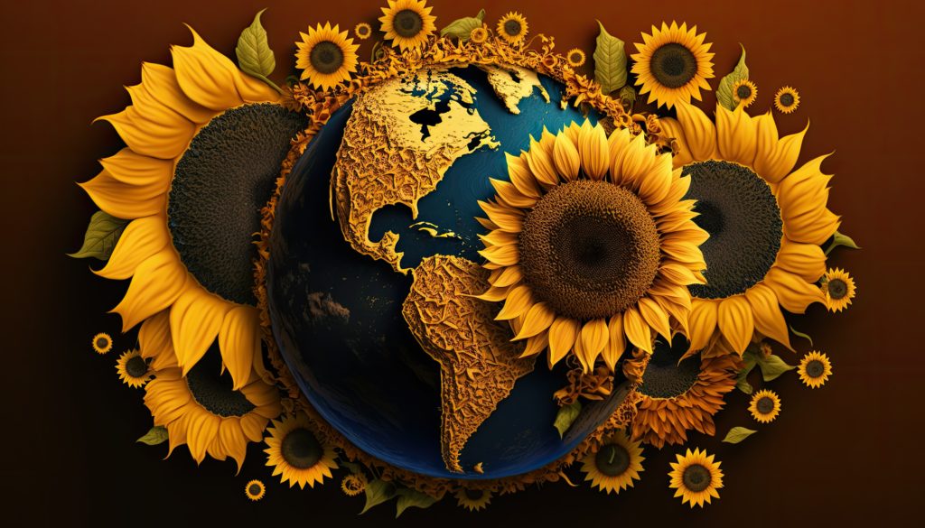 Earth Day: A Vibrant Eye-Catching Background Design Template of Earth in Shape of Beautiful Artistic Sunflowers Perfect for Environmental Wildlife Projects (generative AI)