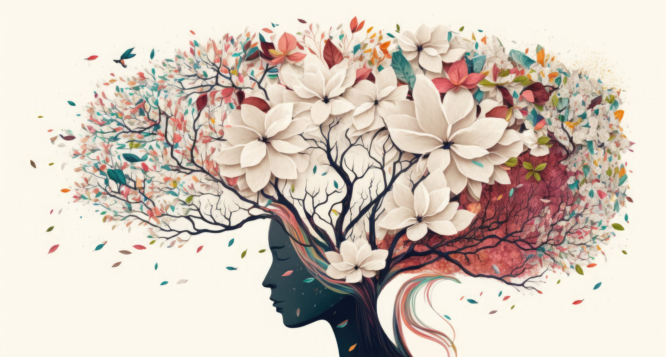 Blooming woman's head with flowers. Self-care and mental health concept. Positive thinking, creative mind. Generative AI