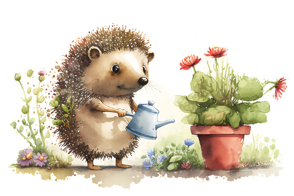 Cute cartoon hedgehog with Watercolor Spring Wheelbarrow, Spring Flowers. Generative AI